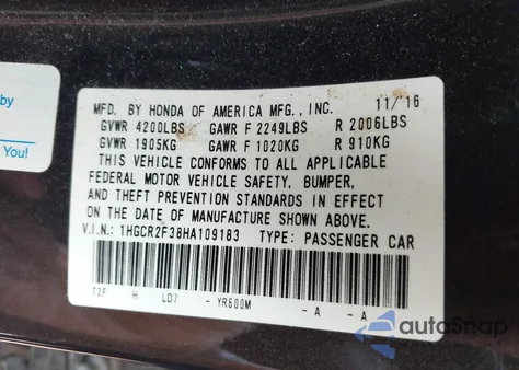 2017 Honda Accord Lx из США, поврежденный, VIN 1HGCR2F38HA109183